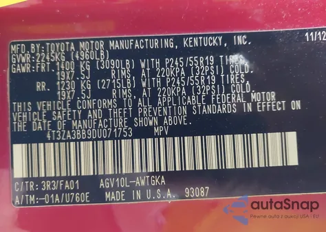 2013 Toyota Venza Le from USA, damaged, VIN 4T3ZA3BB9DU071753